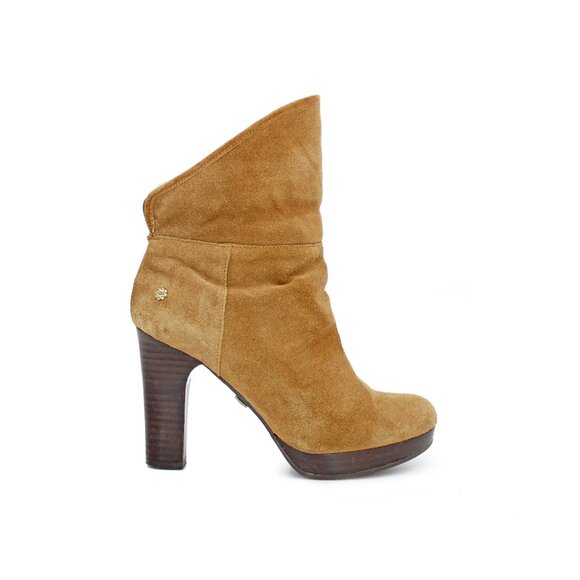 UGG ‘Dandylion II’ Suede Sheepskin Foldover Shearling Heeled Booties in Chestnut - Picture 6 of 10